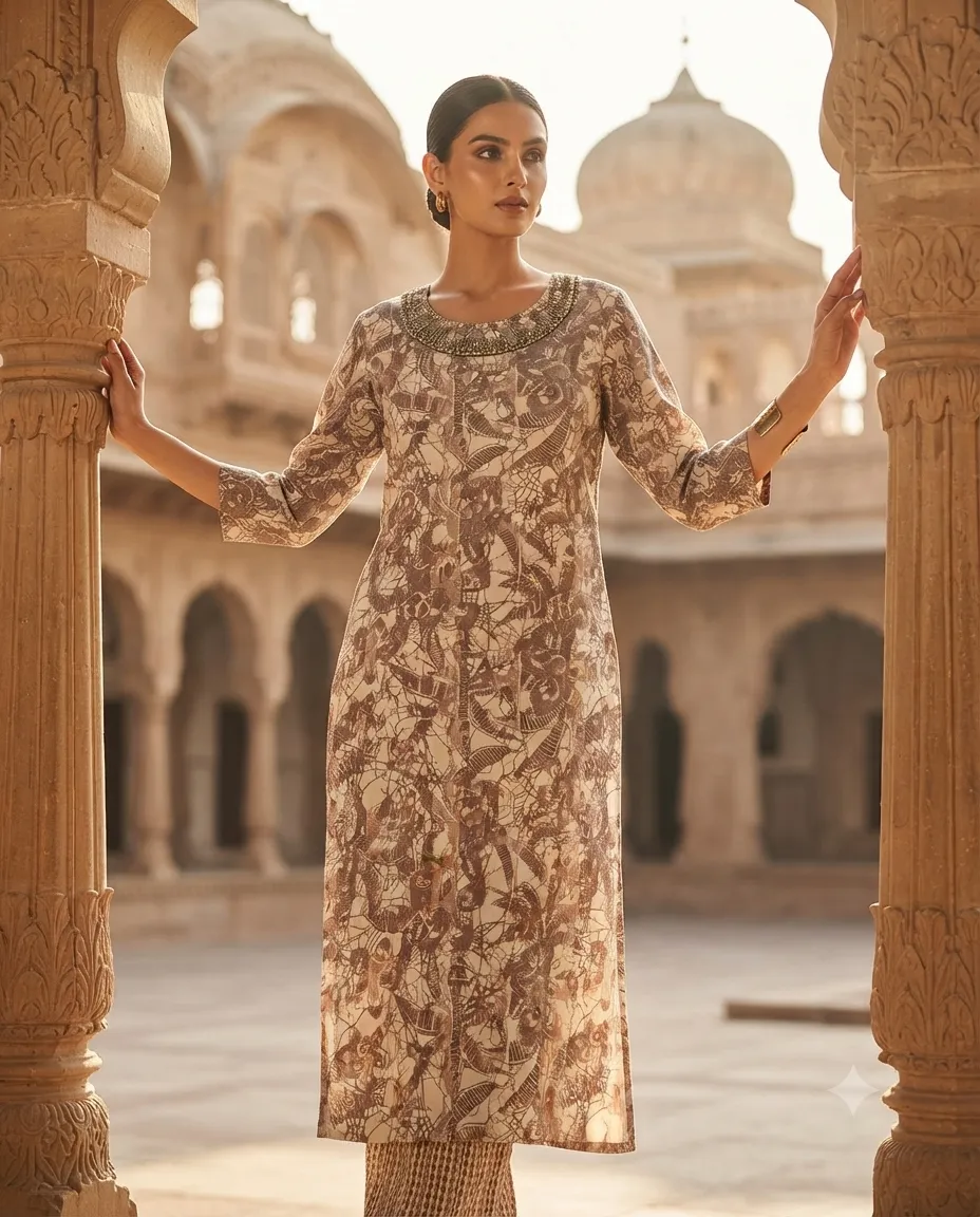 Women's Printed Comfortable Kurti and Bottom Set for Everyday Wear - Rustic Brown with Leaf Pattern - Image 2