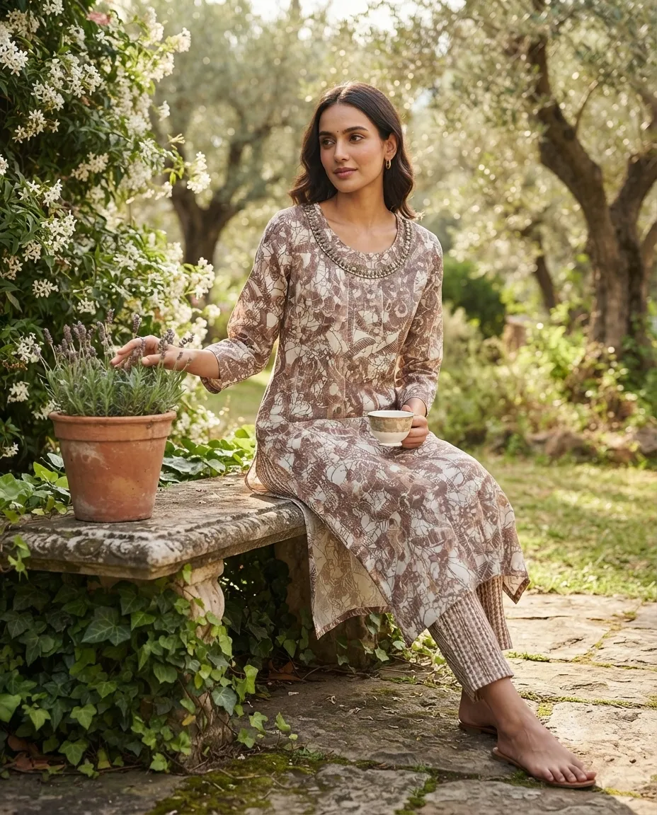 Women's Printed Comfortable Kurti and Bottom Set for Everyday Wear - Rustic Brown with Leaf Pattern - Image 3