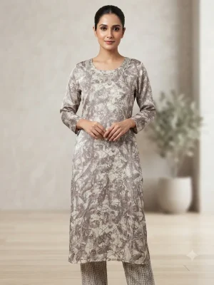 Women's Printed Comfortable Kurti and Bottom Set for Everyday Wear - Rustic Brown with Leaf Pattern