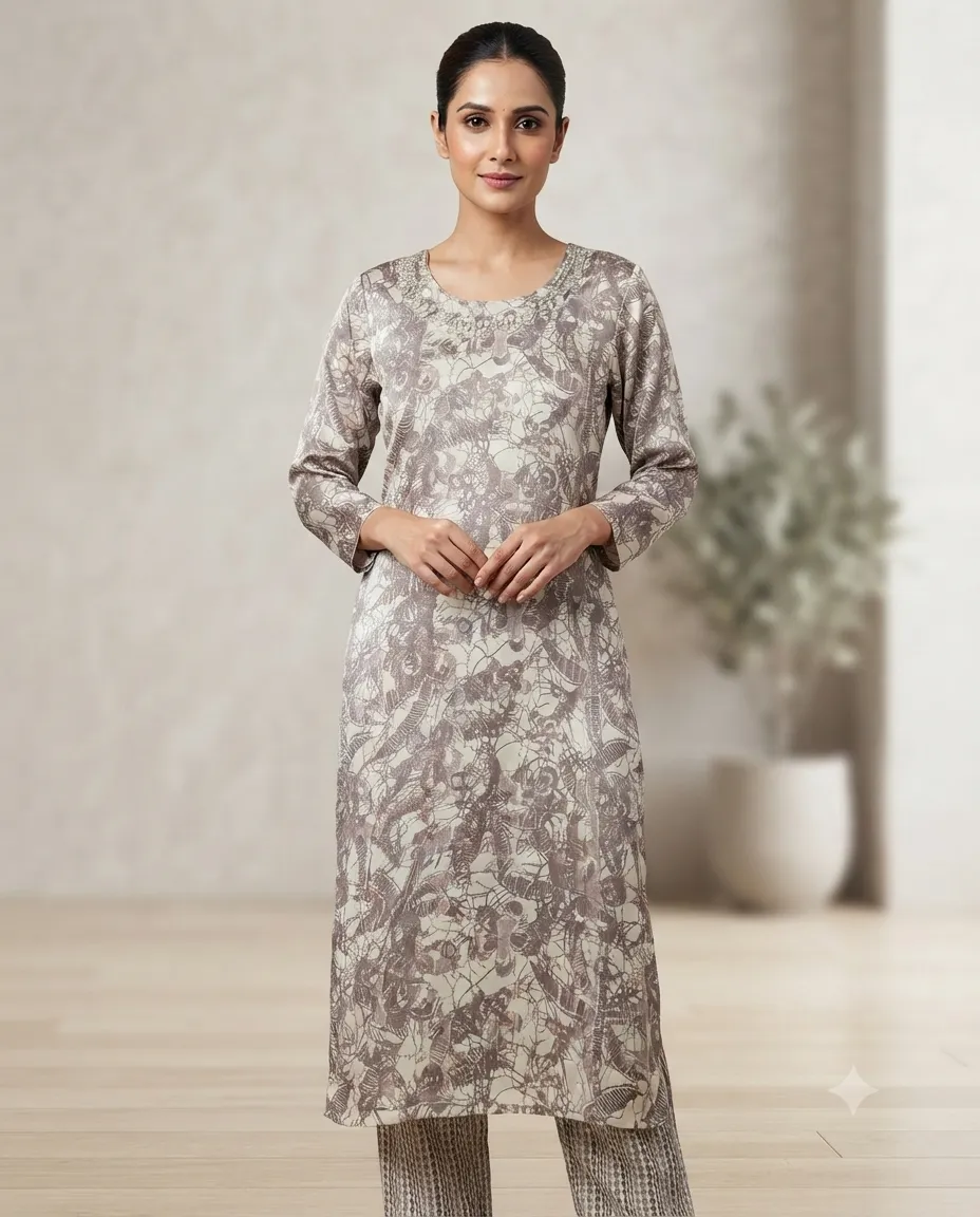 Women's Printed Comfortable Kurti and Bottom Set for Everyday Wear - Rustic Brown with Leaf Pattern