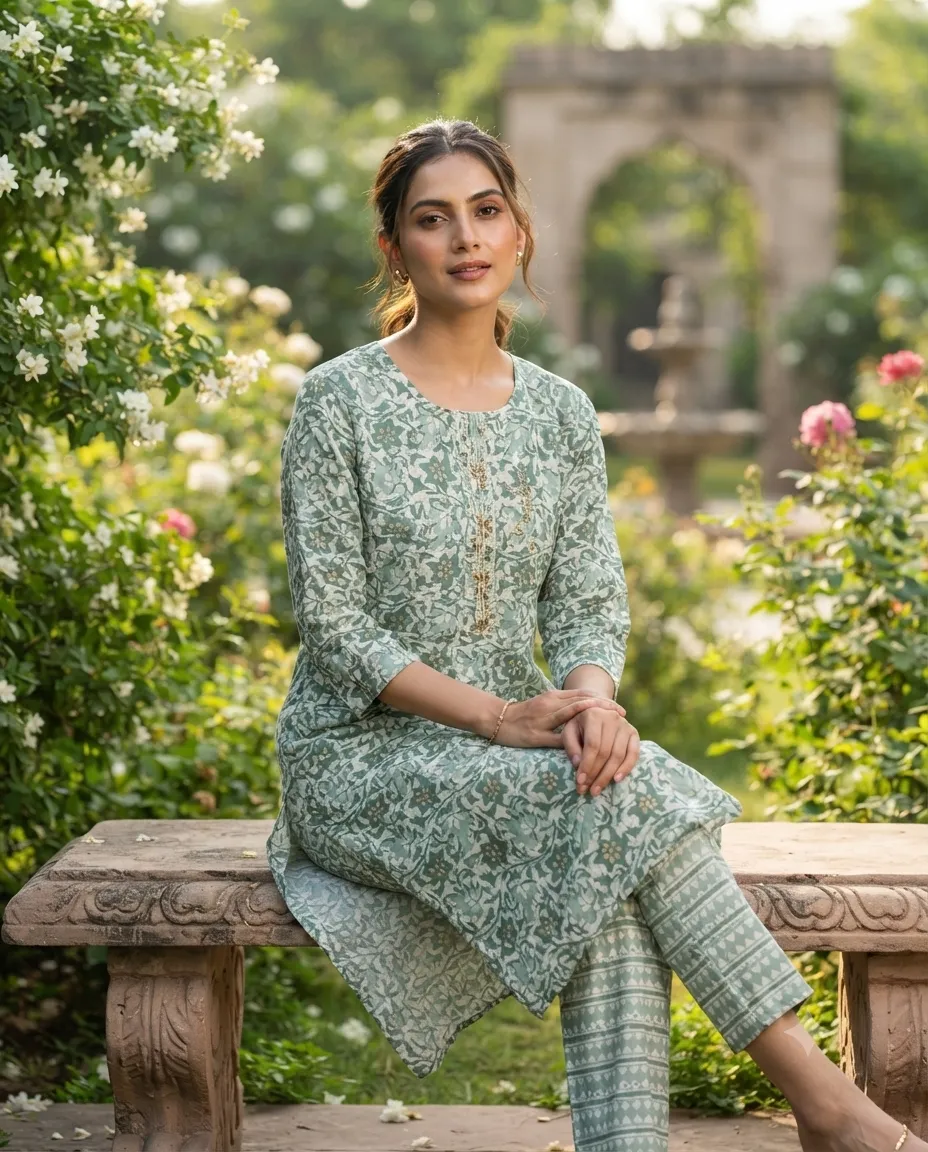 Women's Printed Comfortable Kurti and Bottom Set for Everyday Wear - Floral Mint Green - Image 2