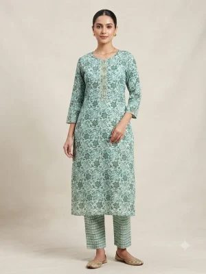 Women's Printed Comfortable Kurti and Bottom Set for Everyday Wear - Floral Mint Green