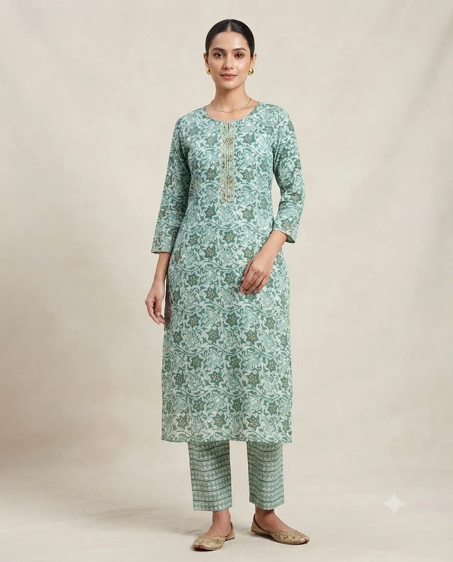 Women's Printed Comfortable Kurti and Bottom Set for Everyday Wear - Floral Mint Green