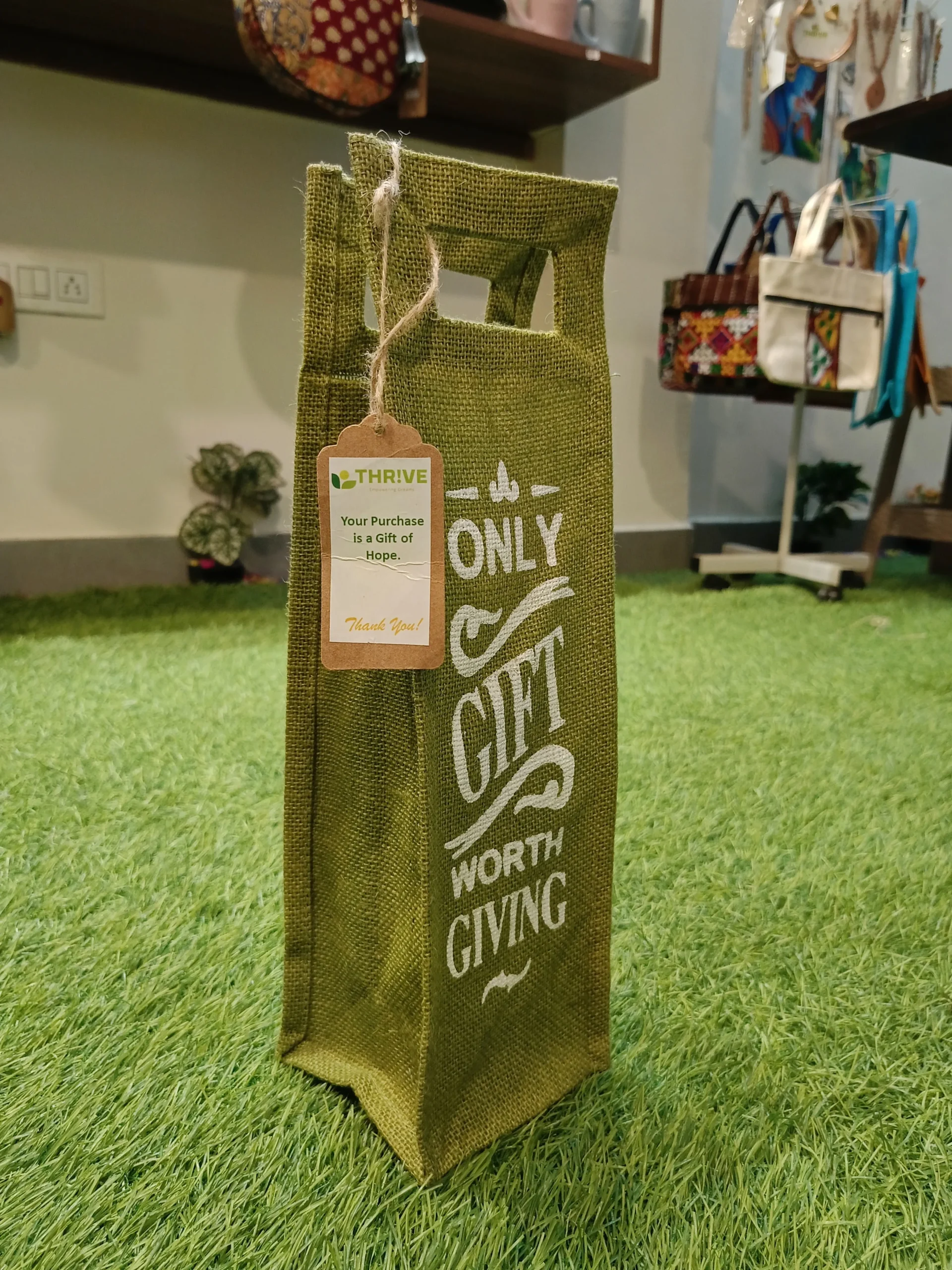 Reusable Water Bottle Carry Bag Made With Jute - Olive - Image 3