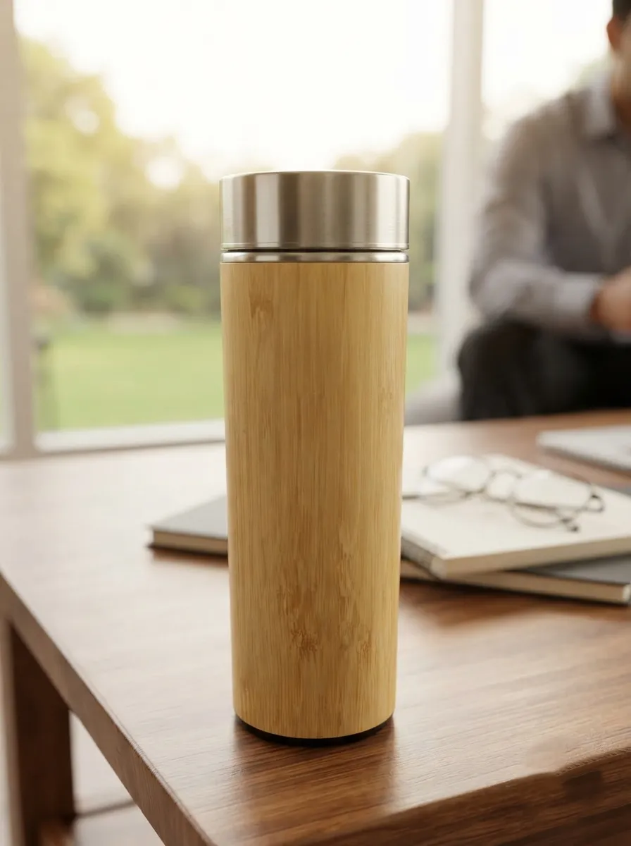 Bamboo Finish Water Bottle with Stainless Steel Lid - Image 2