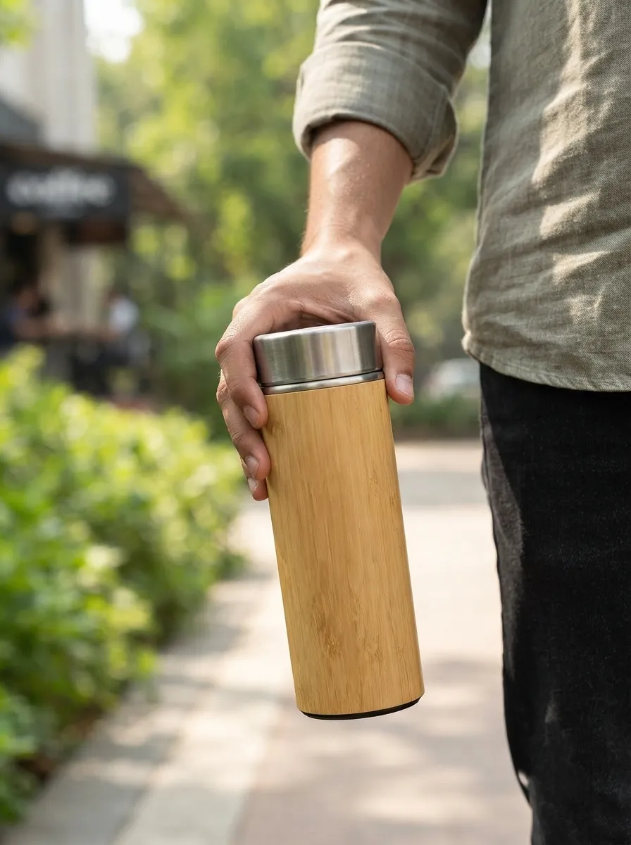Bamboo Finish Water Bottle with Stainless Steel Lid - Image 3