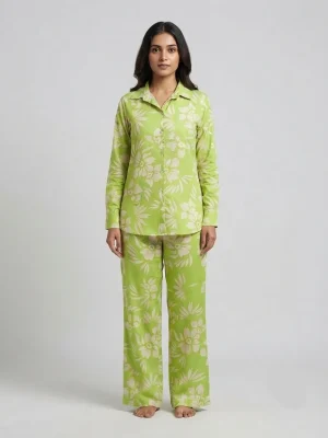 Women's Premium Premium Rayon Cord Set - Shirt Pant Combo - Lime Green