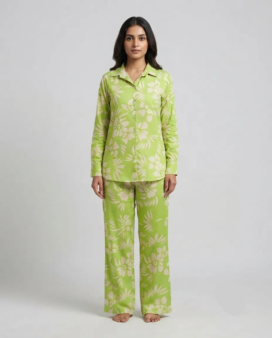 Women's Premium Premium Rayon Cord Set - Shirt Pant Combo - Lime Green