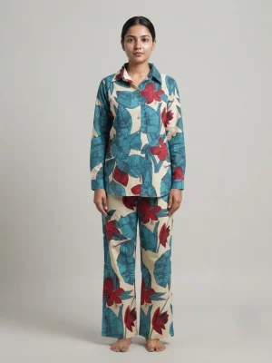 Women's Premium Premium Rayon Cord Set - Shirt Pant Combo - Blue & Red