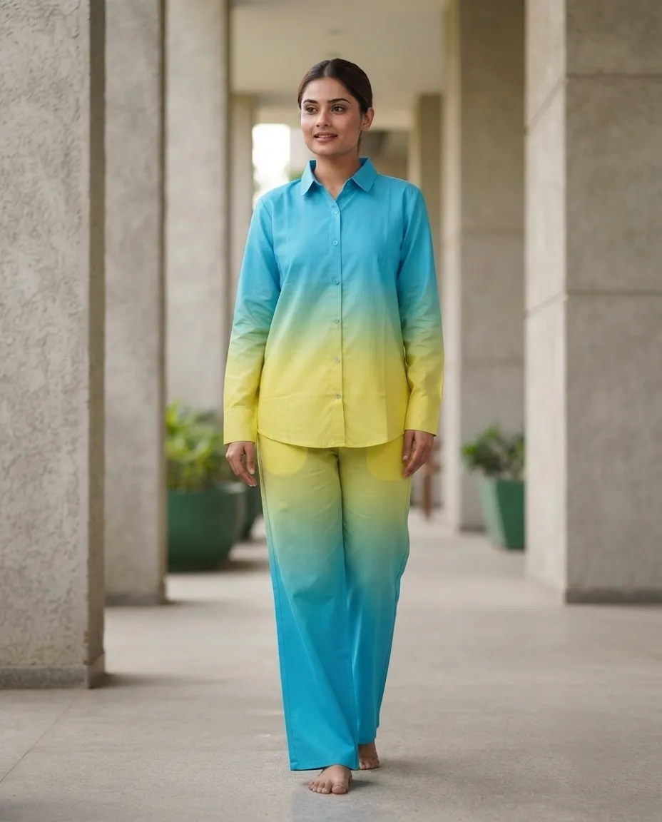 Women?s Premium Premium Rayon Cord Set - Shirt Pant Combo - Gradient Blue & yellow - Image 2