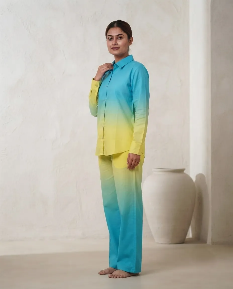 Women?s Premium Premium Rayon Cord Set - Shirt Pant Combo - Gradient Blue & yellow - Image 3