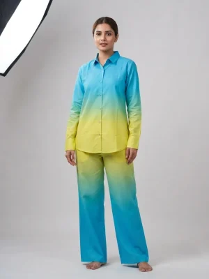 Women?s Premium Premium Rayon Cord Set - Shirt Pant Combo - Gradient Blue & yellow