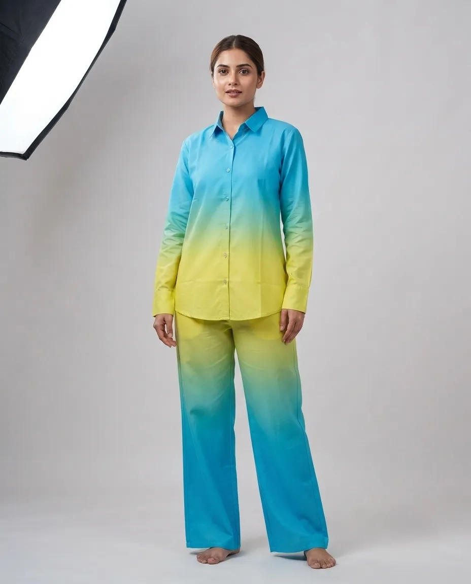 Women?s Premium Premium Rayon Cord Set - Shirt Pant Combo - Gradient Blue & yellow