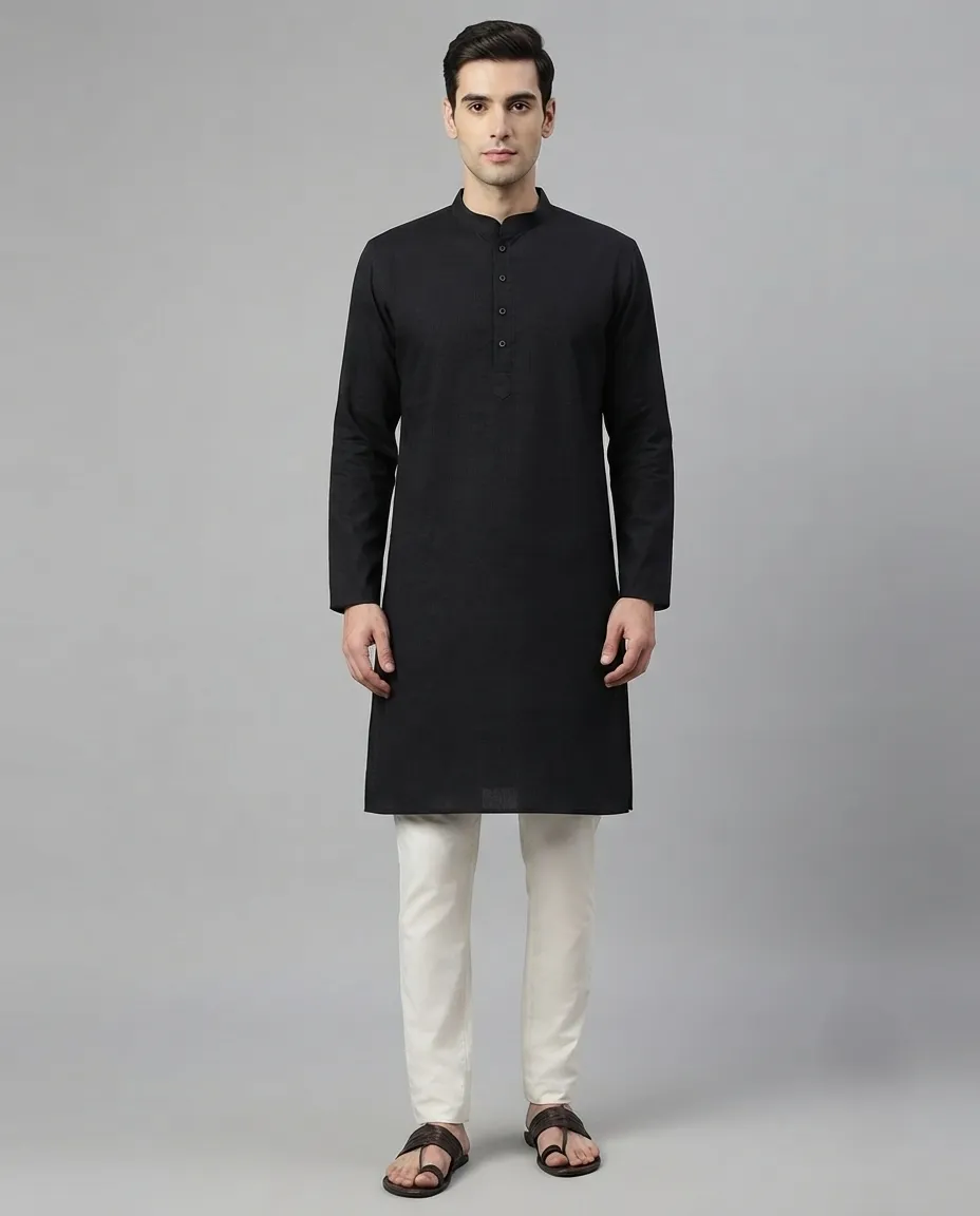 Premium Cotton Punjabi for Men | Comfortable Traditional Wear for Everyday and Casual Occasions - Black