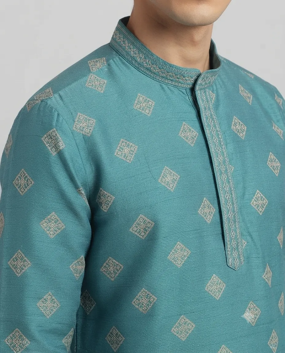 Premium Silk Fabric Punjabi for Men | Comfortable Traditional Wear for Everyday and Casual Occasions - Teal Blue Prints - Image 2