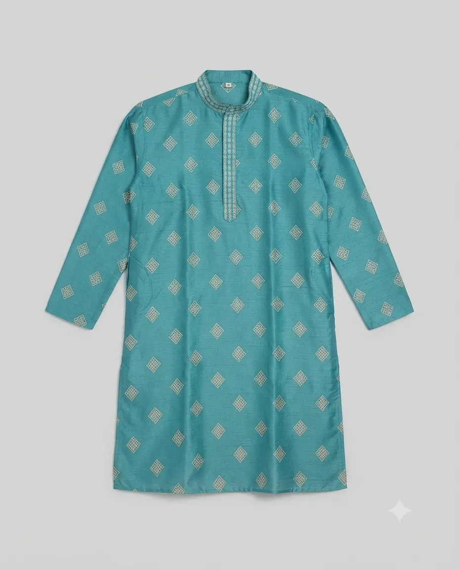 Premium Silk Fabric Punjabi for Men | Comfortable Traditional Wear for Everyday and Casual Occasions - Teal Blue Prints - Image 3