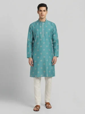 Premium Silk Fabric Punjabi for Men | Comfortable Traditional Wear for Everyday and Casual Occasions - Teal Blue Prints
