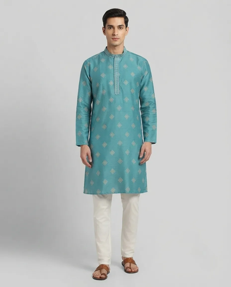 Premium Silk Fabric Punjabi for Men | Comfortable Traditional Wear for Everyday and Casual Occasions - Teal Blue Prints