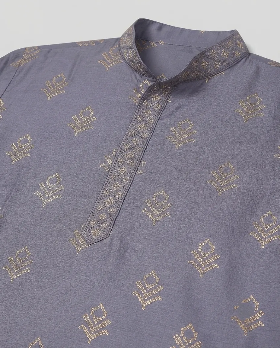 Premium Silk Fabric Punjabi for Men | Comfortable Traditional Wear for Everyday and Casual Occasions - Lavendar Print - Image 2