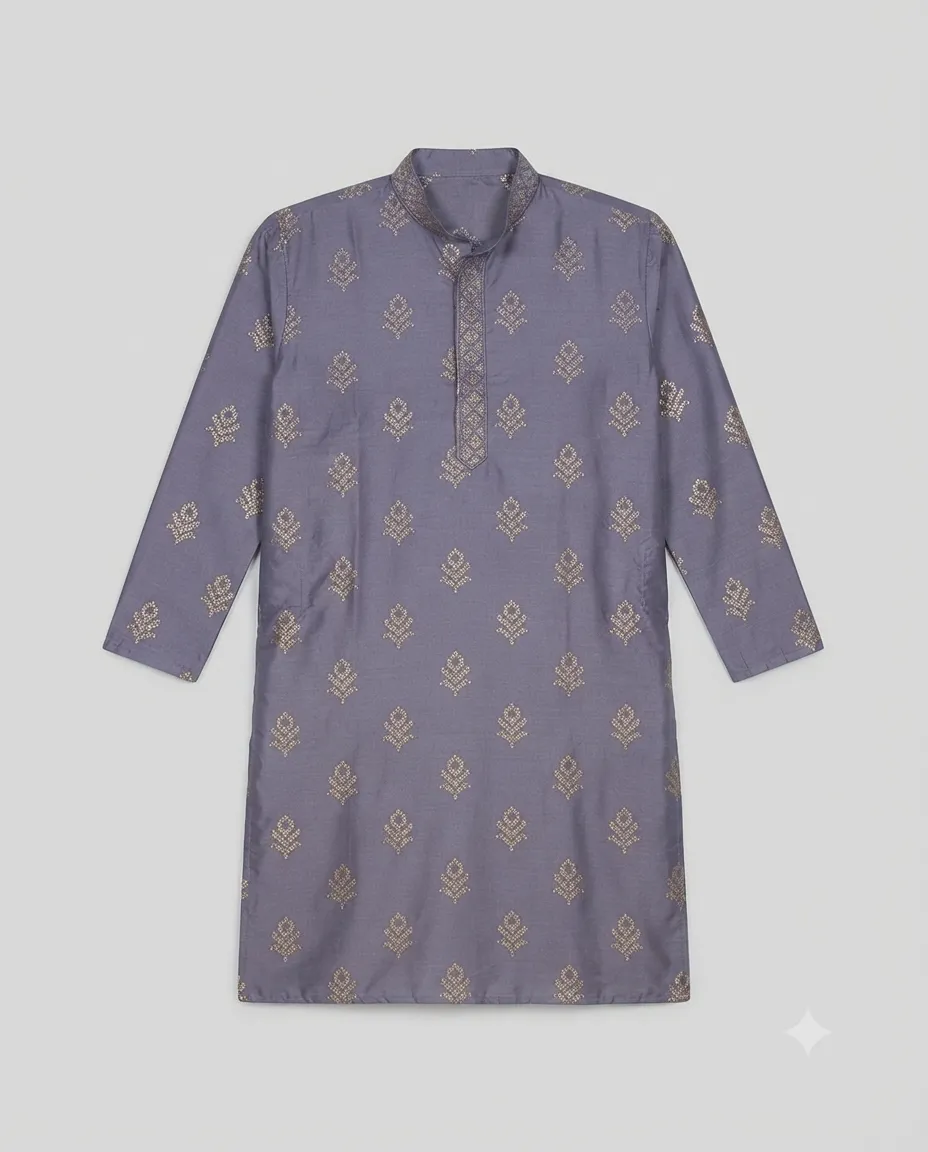 Premium Silk Fabric Punjabi for Men | Comfortable Traditional Wear for Everyday and Casual Occasions - Lavendar Print - Image 3
