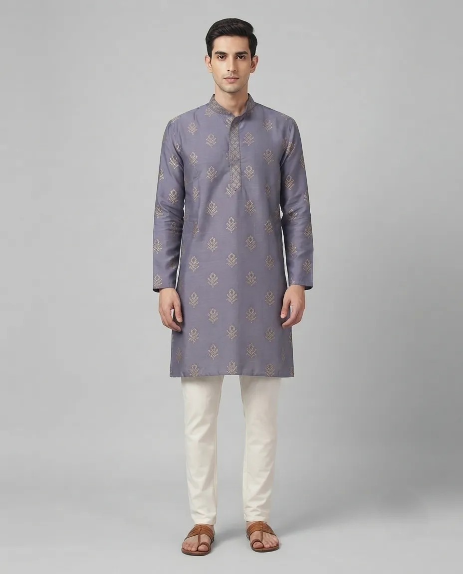 Premium Silk Fabric Punjabi for Men | Comfortable Traditional Wear for Everyday and Casual Occasions - Lavendar Print