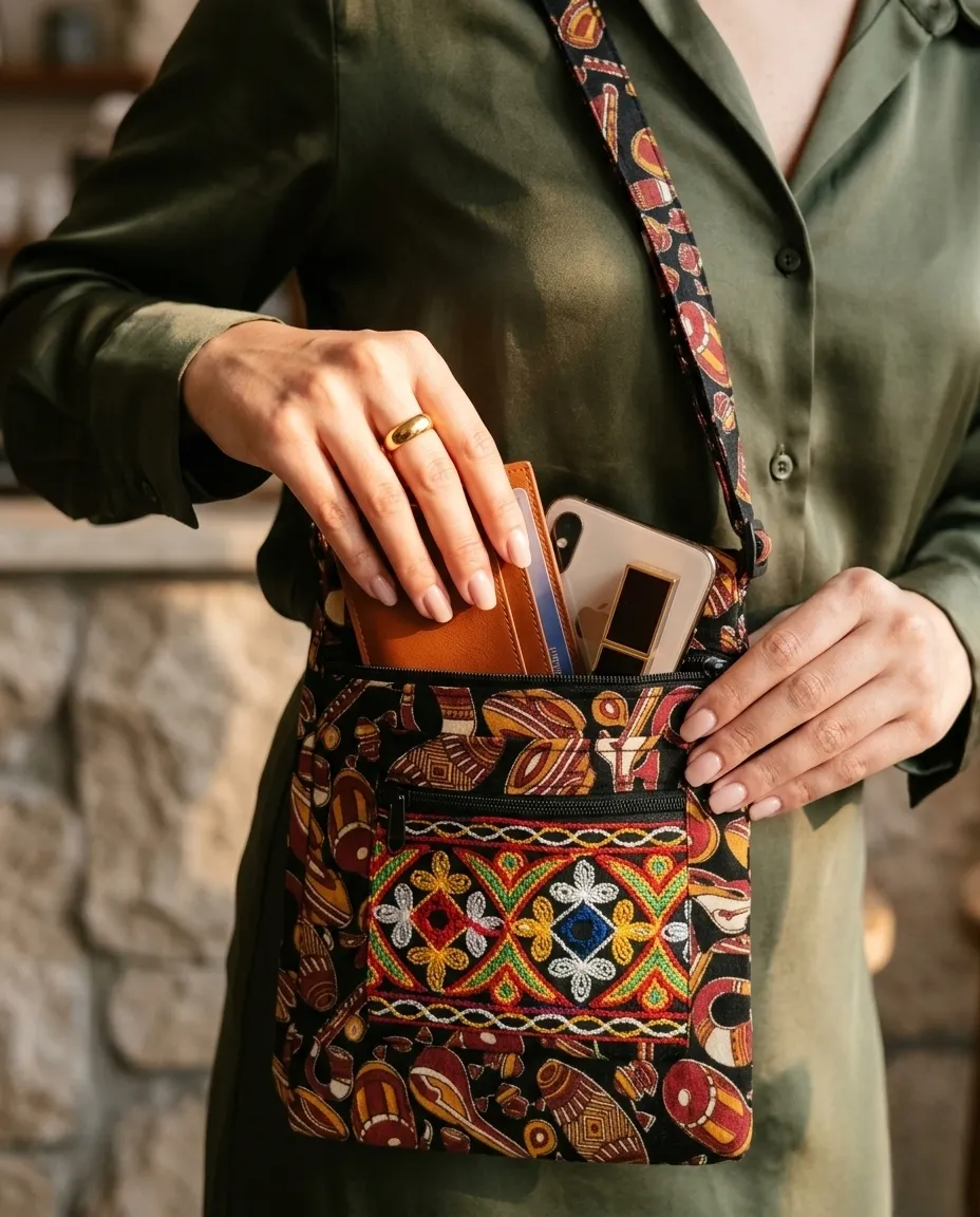 Printed Fabric Sling Bag with Multiple Zip Pockets - Image 2
