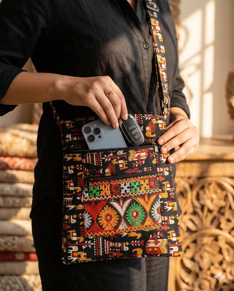 Printed Fabric Sling Bag with Multiple Zip Pockets - Image 3