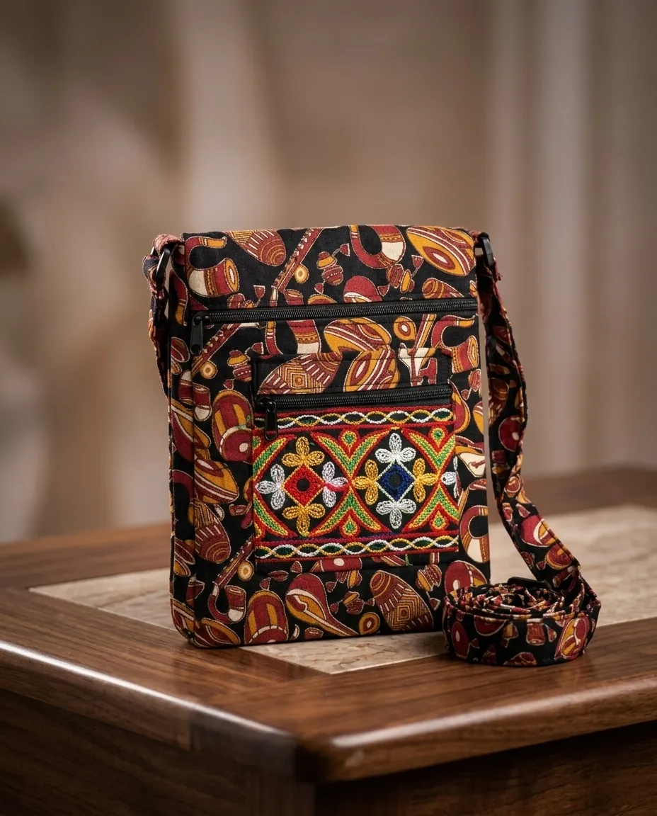 Printed Fabric Sling Bag with Multiple Zip Pockets