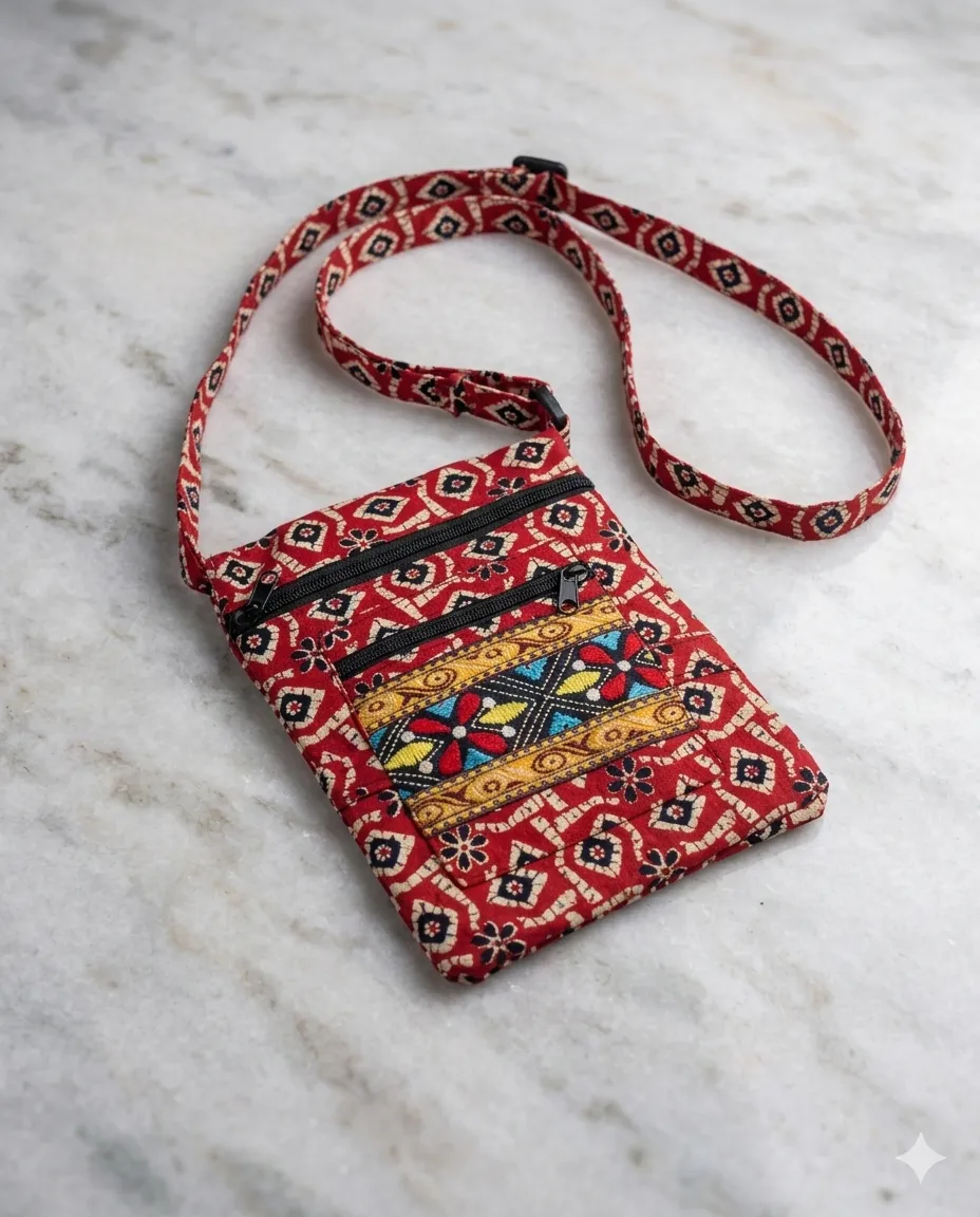 Printed Fabric Sling Bag with Multiple Zip Pockets - Image 2