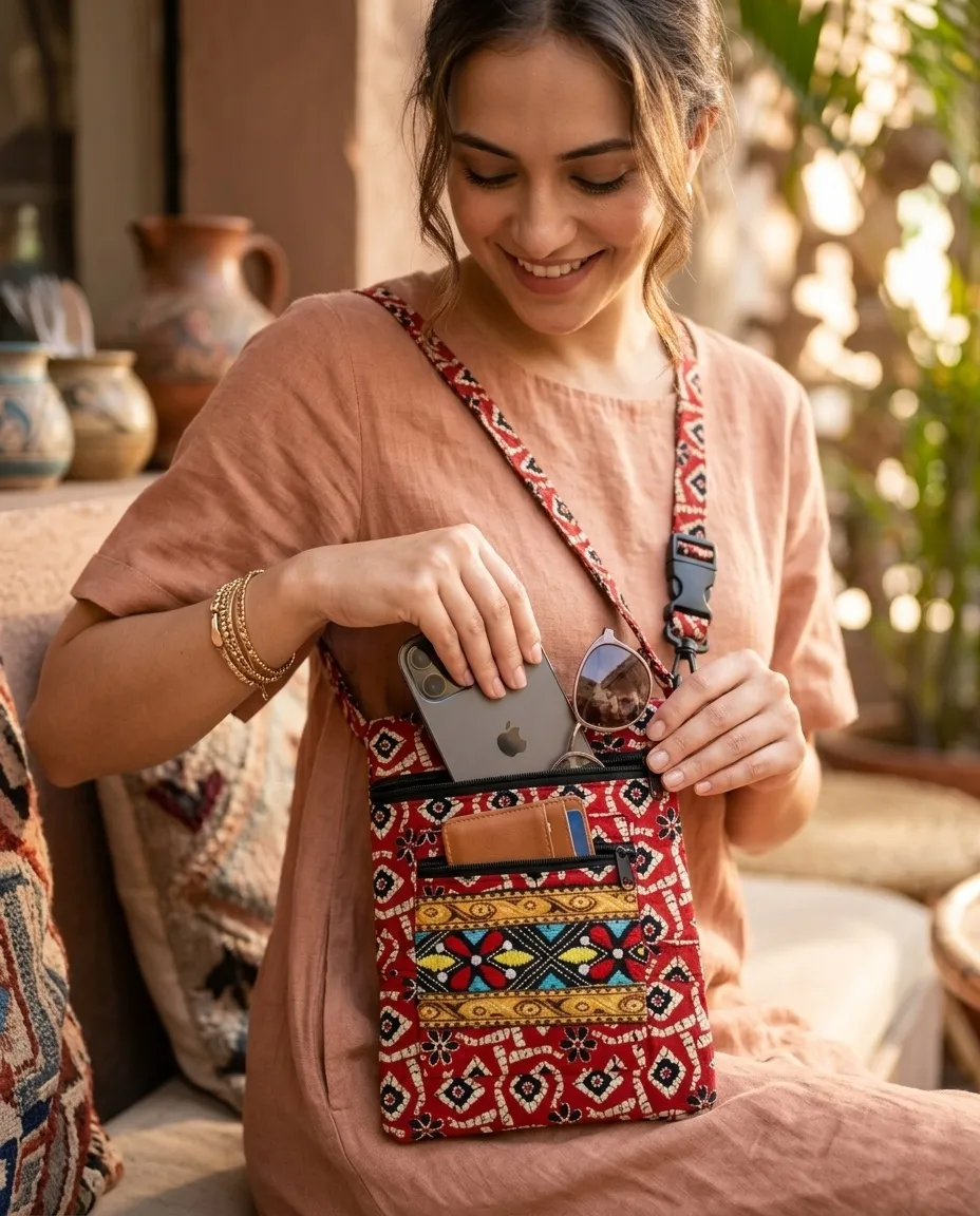Printed Fabric Sling Bag with Multiple Zip Pockets - Image 3
