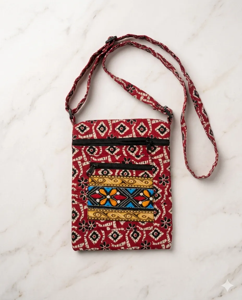 Printed Fabric Sling Bag with Multiple Zip Pockets
