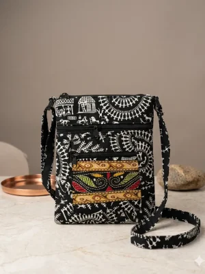 Printed Fabric Sling Bag with Multiple Zip Pockets