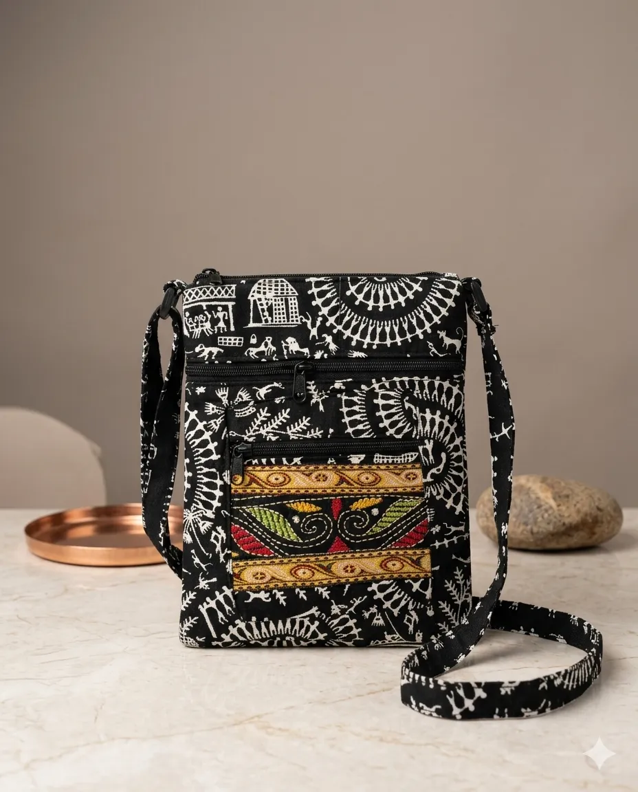 Printed Fabric Sling Bag with Multiple Zip Pockets