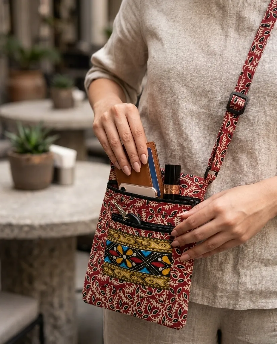 Printed Fabric Sling Bag with Multiple Zip Pockets - Image 2