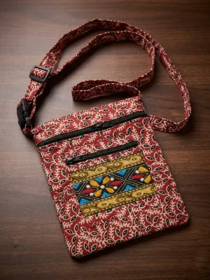 Printed Fabric Sling Bag with Multiple Zip Pockets