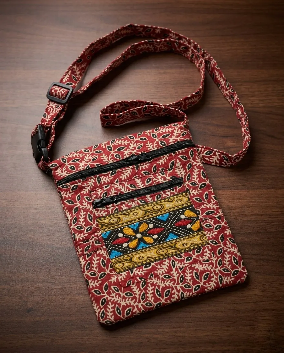 Printed Fabric Sling Bag with Multiple Zip Pockets
