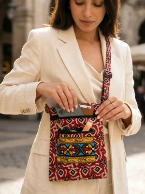 Printed Fabric Sling Bag with Multiple Zip Pockets
