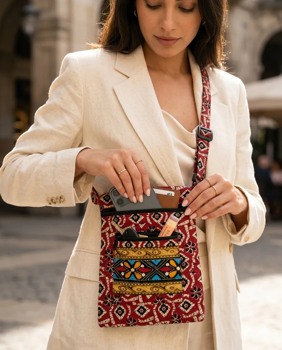 Printed Fabric Sling Bag with Multiple Zip Pockets