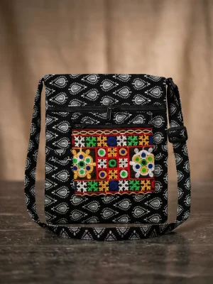 Printed Fabric Sling Bag with Multiple Zip Pockets
