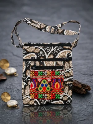 Printed Fabric Sling Bag with Multiple Zip Pockets