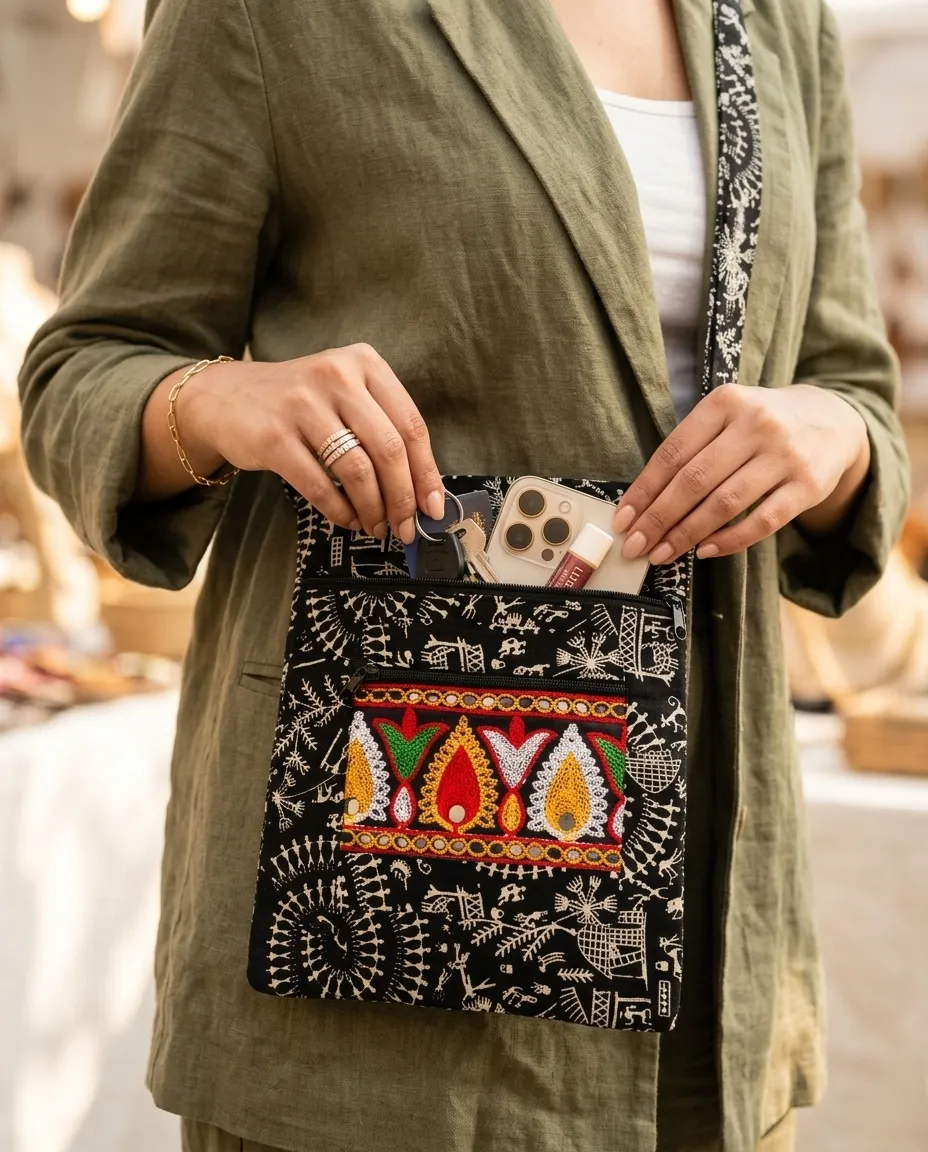 Printed Fabric Sling Bag with Multiple Zip Pockets - Image 2