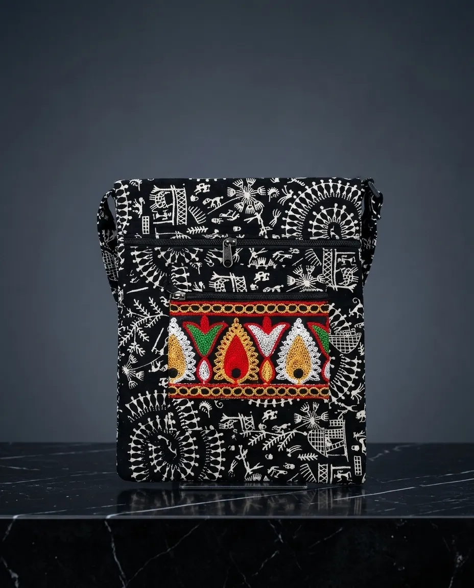 Printed Fabric Sling Bag with Multiple Zip Pockets