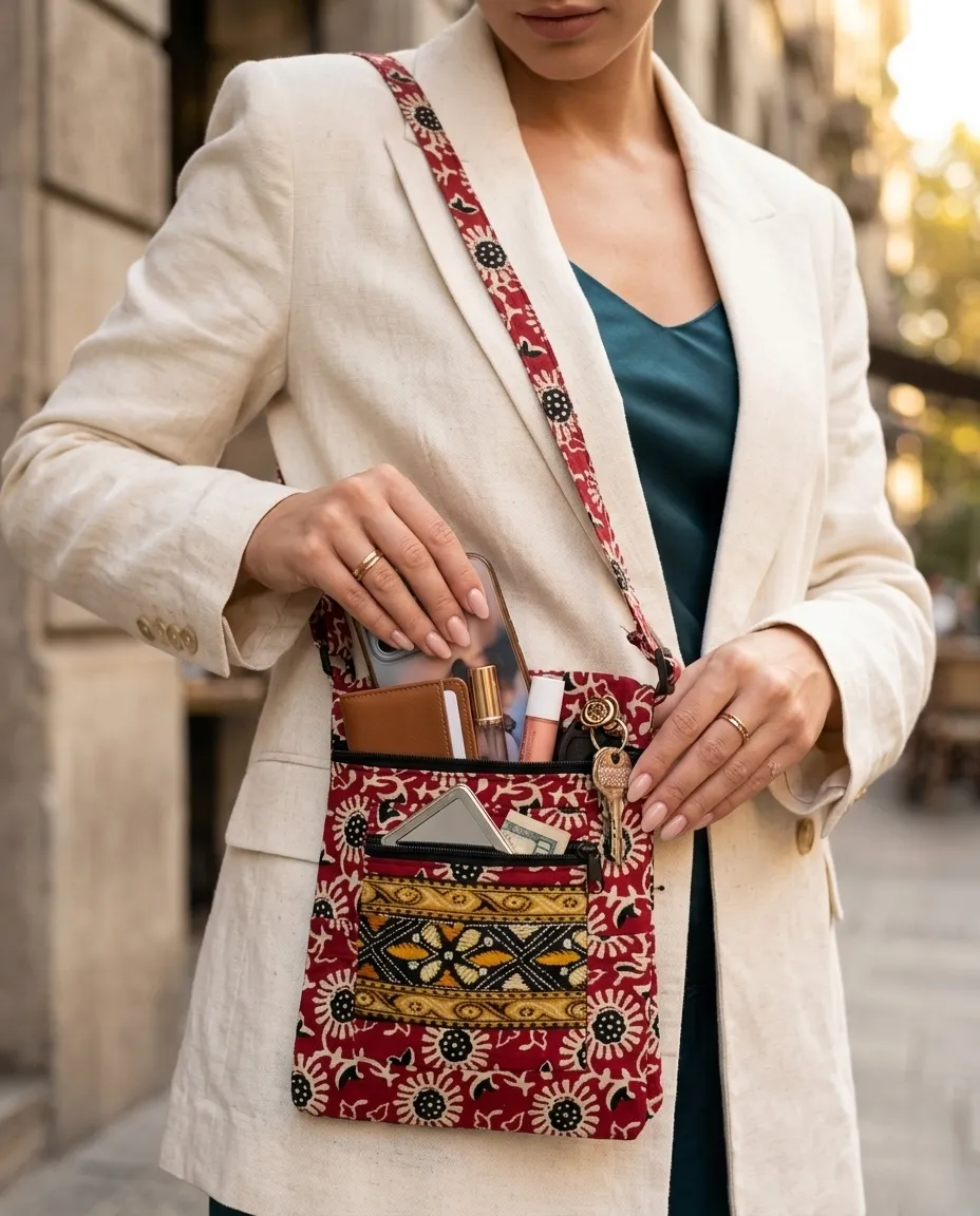 Printed Fabric Sling Bag with Multiple Zip Pockets - Image 3