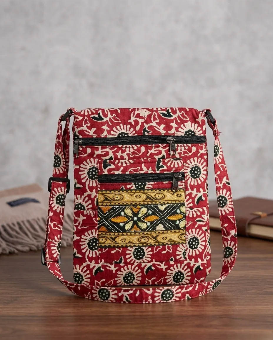Printed Fabric Sling Bag with Multiple Zip Pockets