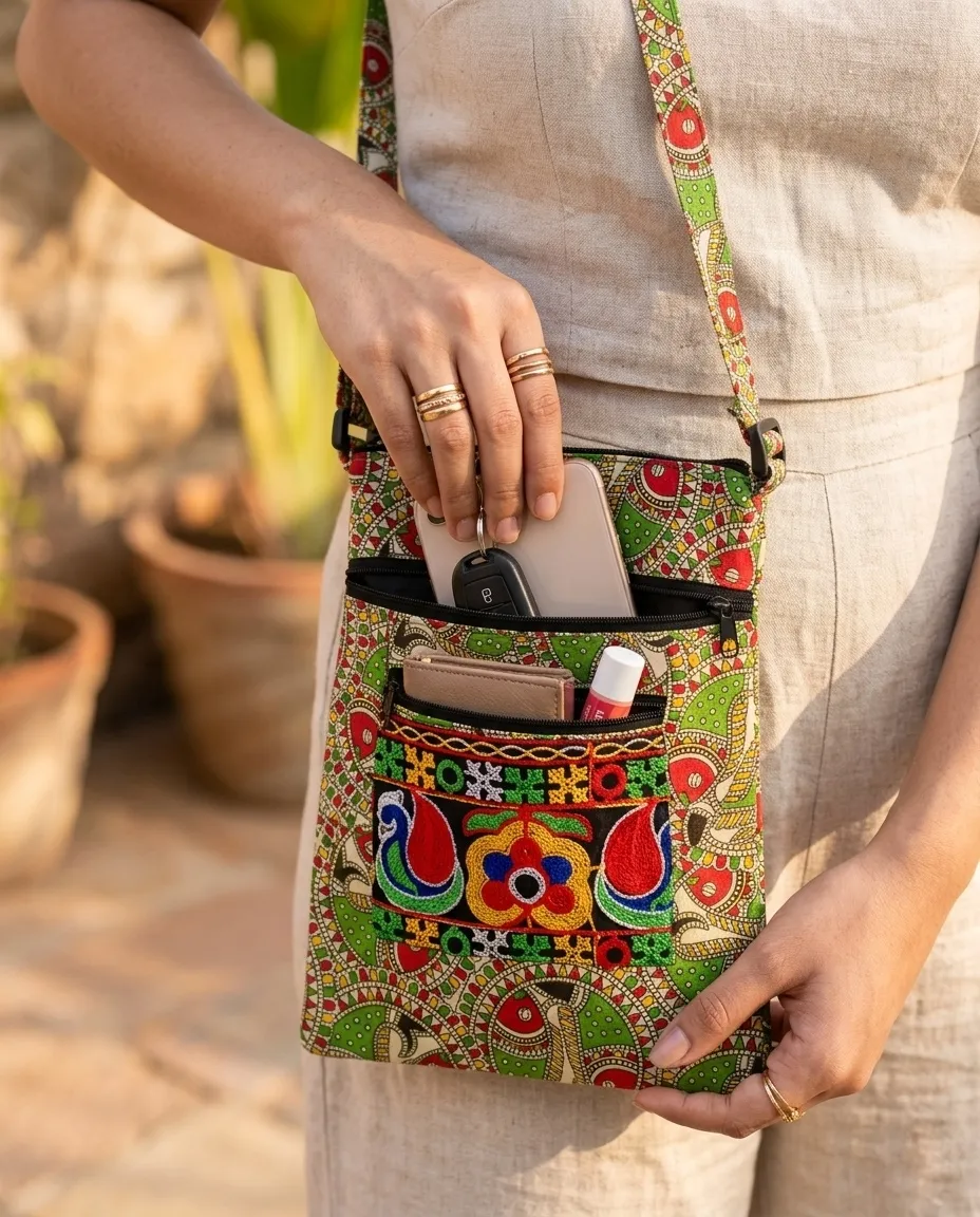 Printed Fabric Sling Bag with Multiple Zip Pockets - Image 2