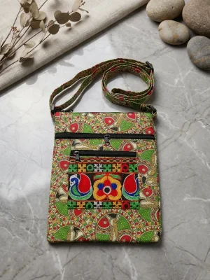 Printed Fabric Sling Bag with Multiple Zip Pockets