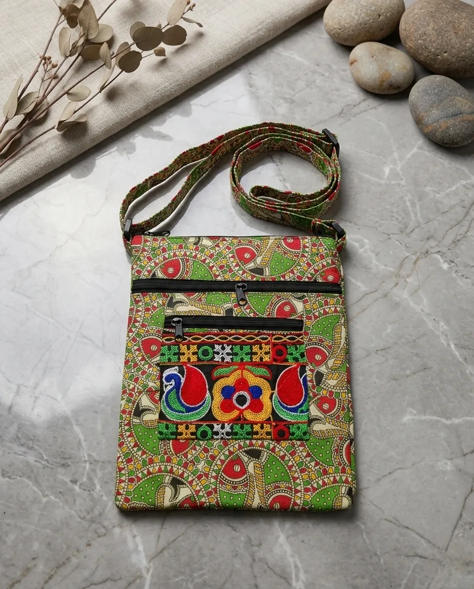 Printed Fabric Sling Bag with Multiple Zip Pockets
