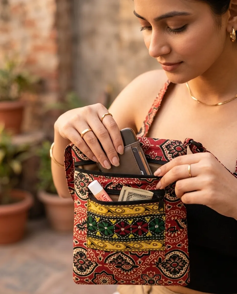 Printed Fabric Sling Bag with Multiple Zip Pockets - Image 2