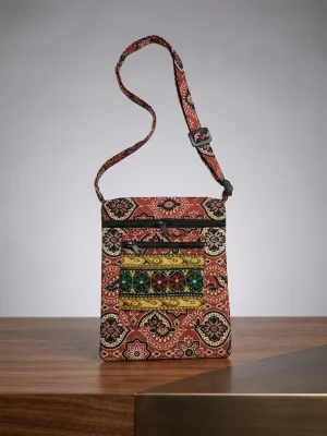 Printed Fabric Sling Bag with Multiple Zip Pockets