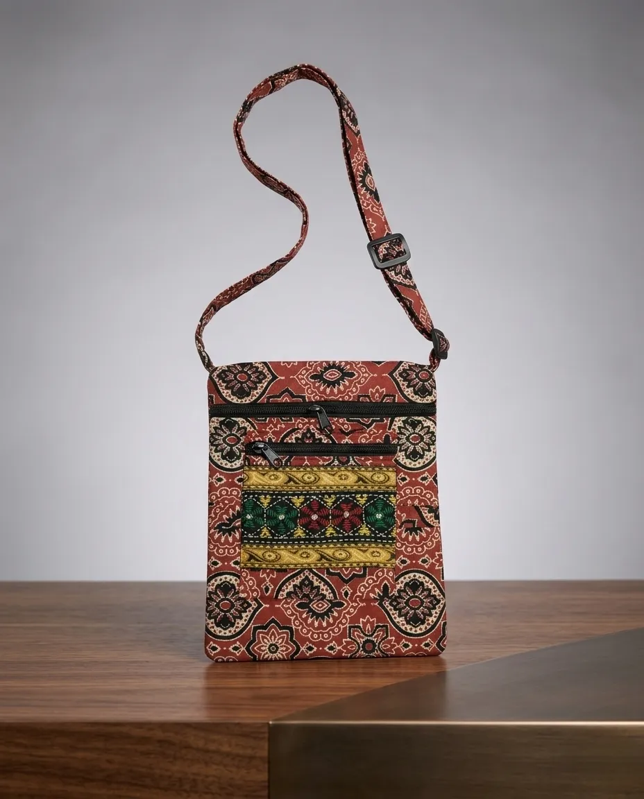 Printed Fabric Sling Bag with Multiple Zip Pockets